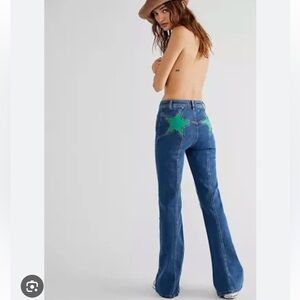 Free People Firecracker Flare Jeans Green Star Appliqué Patched Back 28